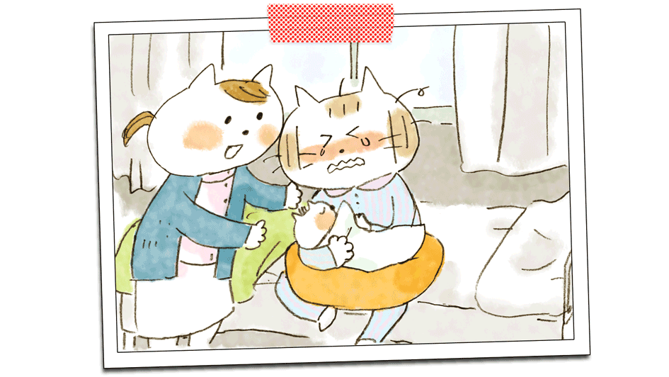 ねこのあしあと ねこ夫婦のマタニティ日記 Vol 45 乳首が切れる 後陣痛で子宮が痛い いろいろある産後の痛み 生理のことから妊娠 出産 育児まで 女性のための情報サイト ルナルナ